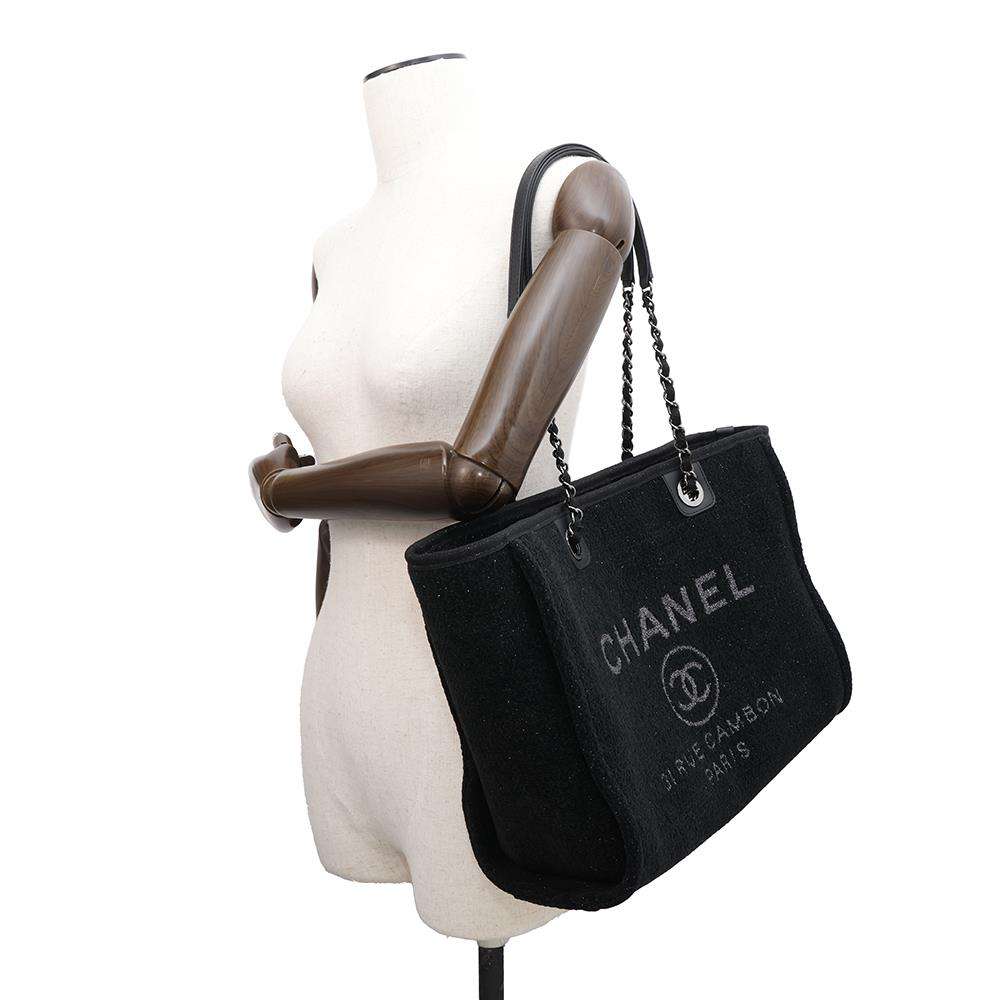 CHANEL Deauville ChainTote Bag Black Tweed Leather Size MM