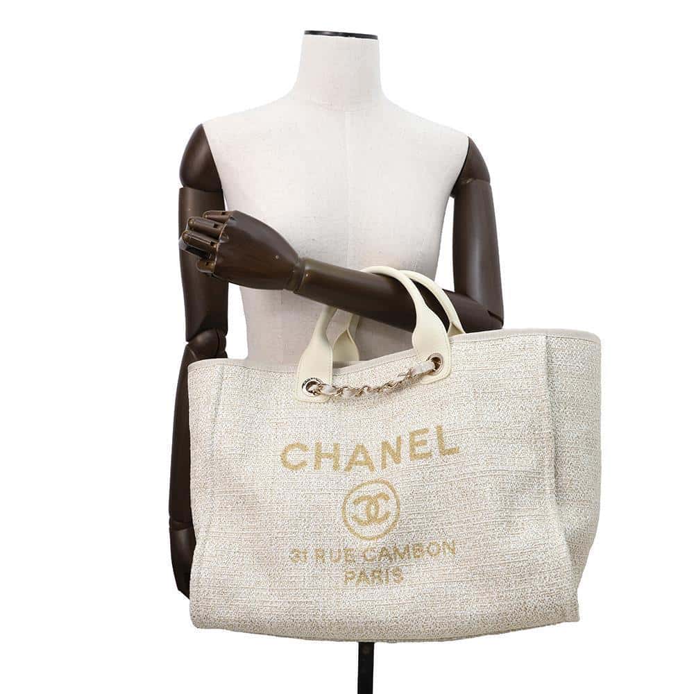 CHANEL Deauville 2WAYTote Bag Ivory/GoldA66941 Tweed Size GM
