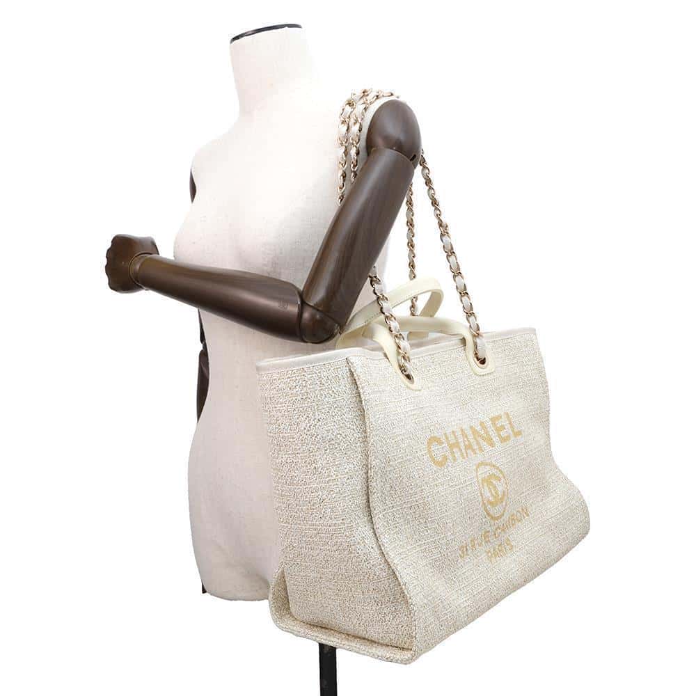 CHANEL Deauville 2WAYTote Bag Ivory/GoldA66941 Tweed Size GM