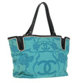 CHANEL Tote Bag Canvas Turquoise Blue CC 100096