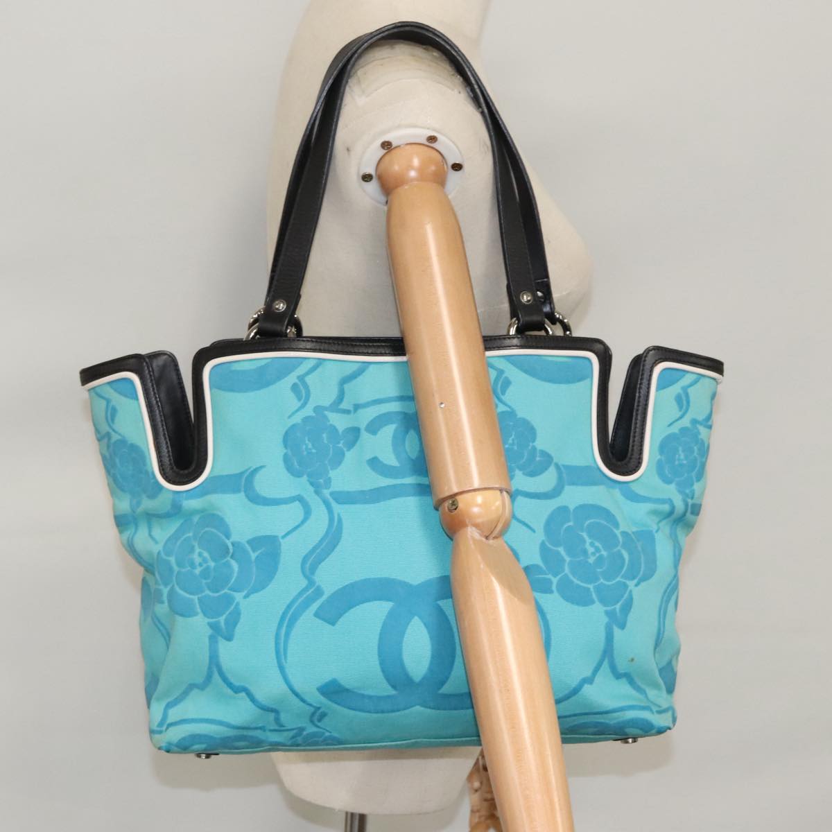 CHANEL Tote Bag Canvas Turquoise Blue CC 100096