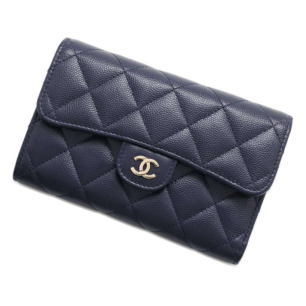 CHANEL Matelasse Medium Wallet Tri-fold NavyAP0232 Caviar Leather