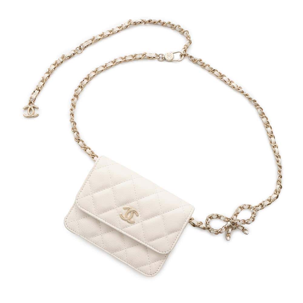 CHANEL Matelasse Ribbon Chain Belt Bag WhiteAP3352 Caviar Leather