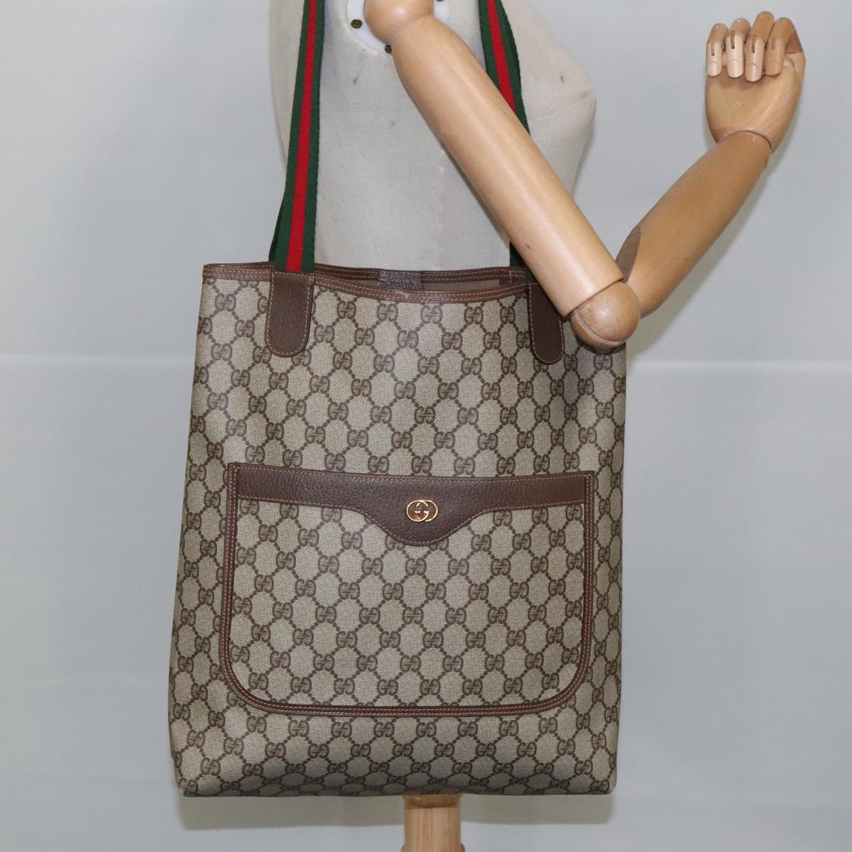 GUCCI GG Supreme Web Sherry Line Tote Bag PVC Beige Red 002 123 100184
