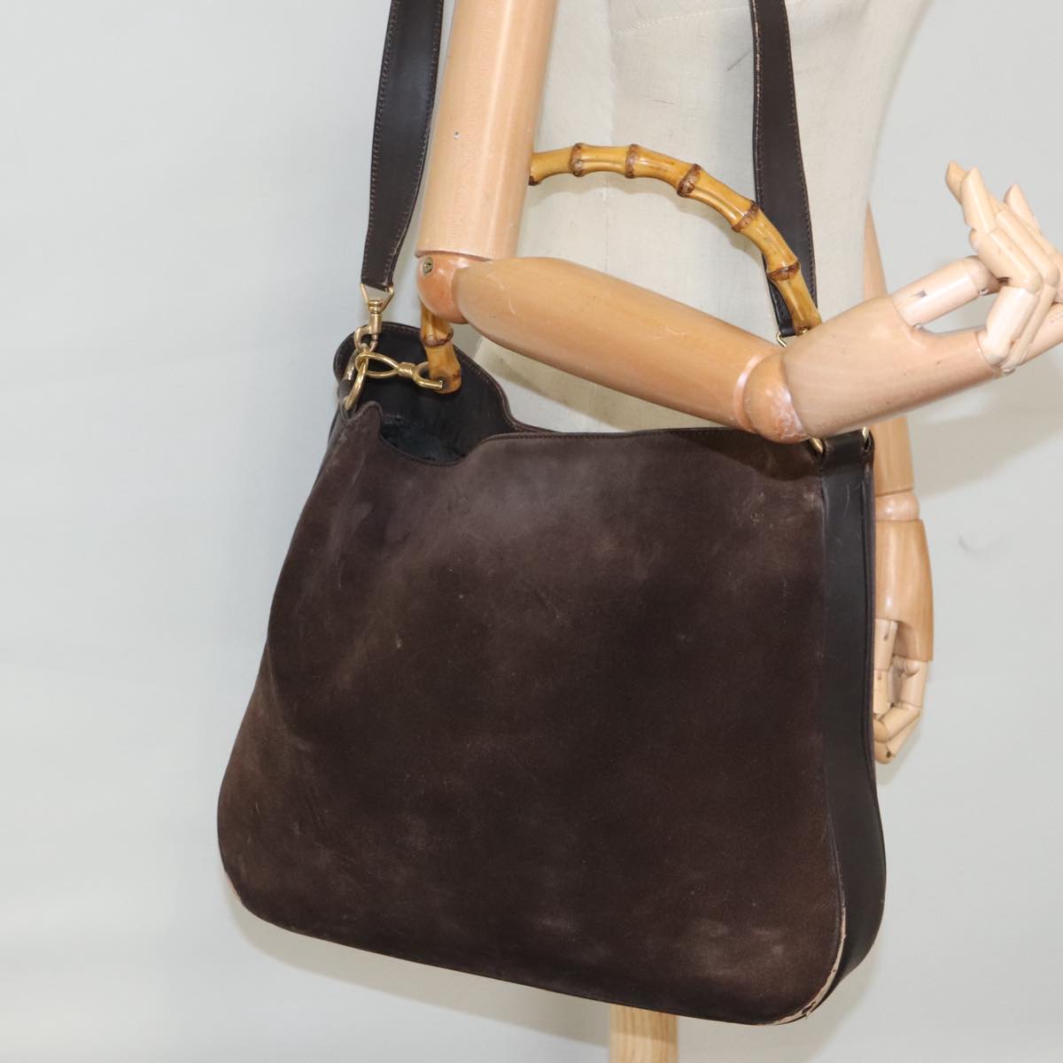 GUCCI Bamboo Shoulder Bag Suede Leather 2way Brown Gold 100190