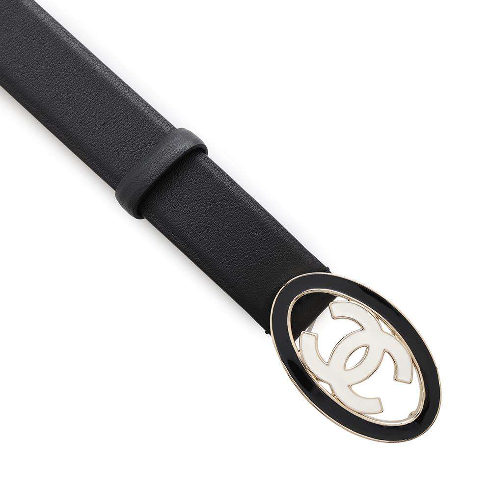 CHANEL CC Logo Belt Size 70 Black/White Leather