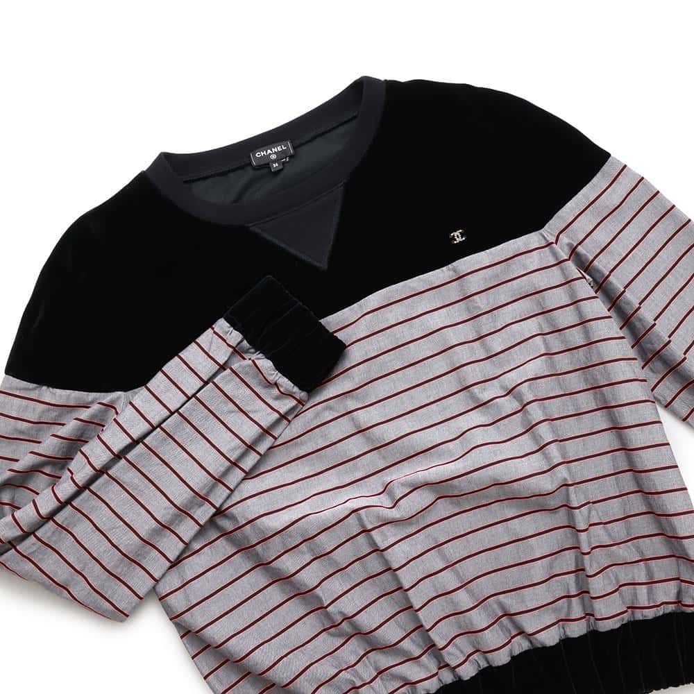 CHANEL Striped CC Logo sweatshirt Size 36 Black/Gray/RedP73405 Cotton96% Polyester4% Rhinestone