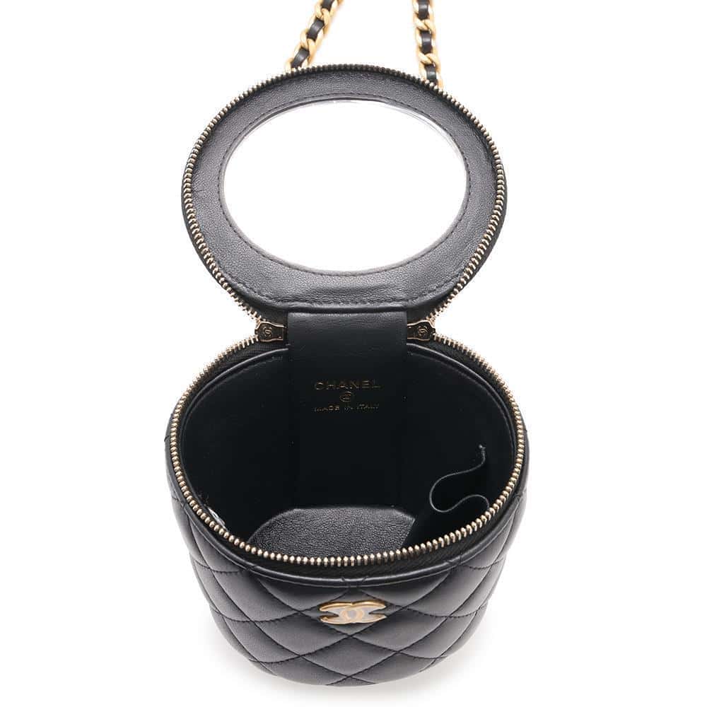 CHANEL Matelasse Top Handle Chain Vanity Black Lambskin