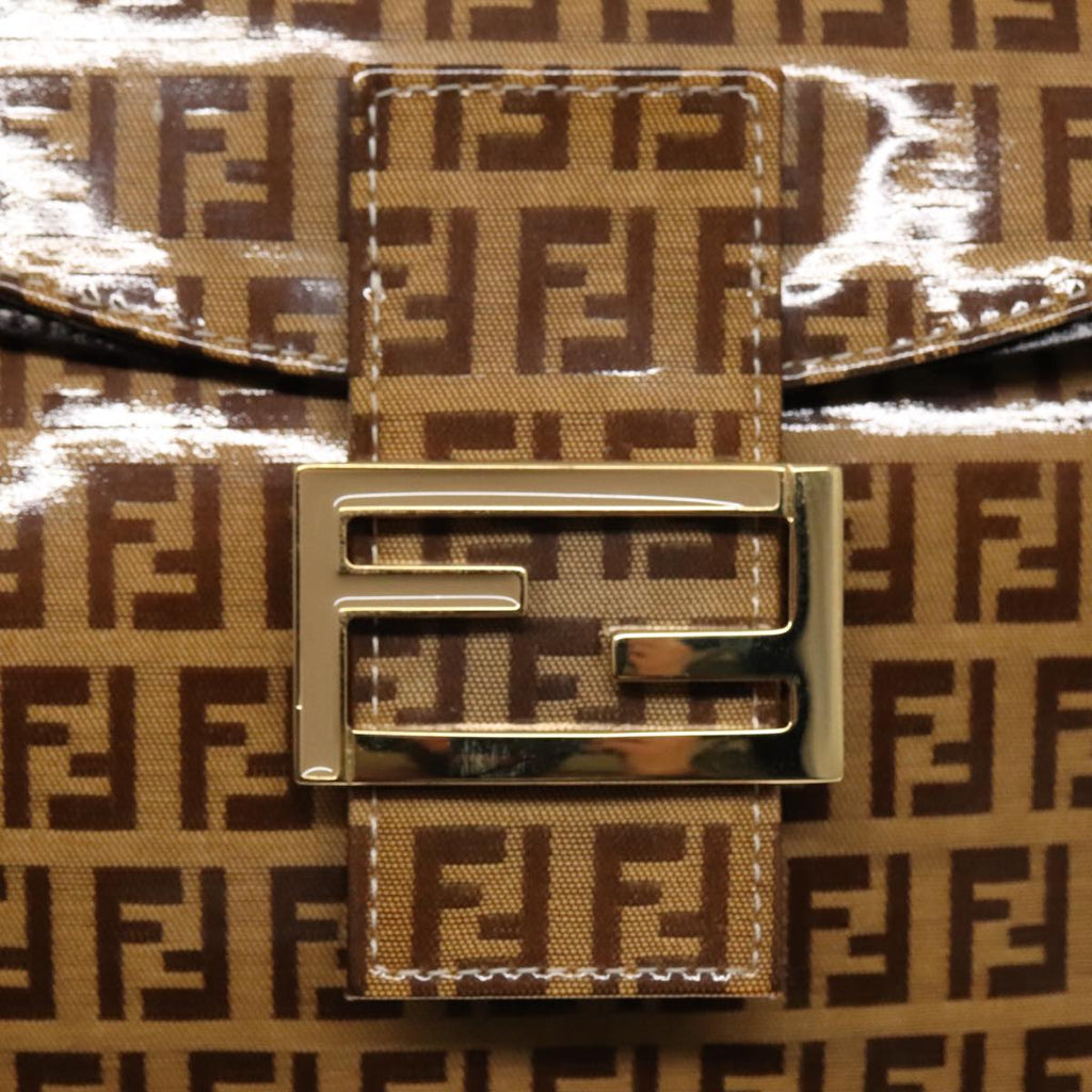 FENDI Zucchino Canvas Mamma Baguette Shoulder Bag Enamel Brown Gold 100279