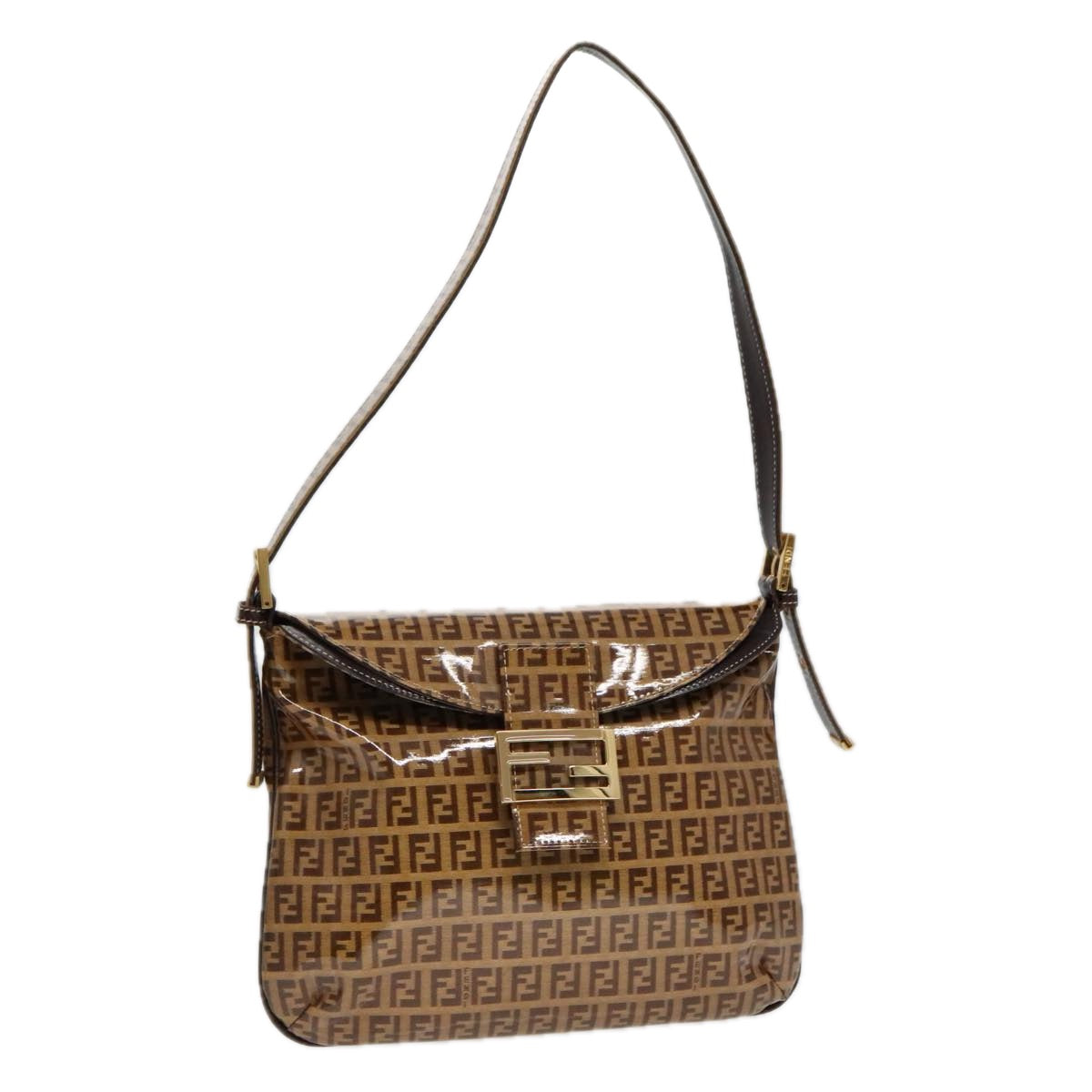 FENDI Zucchino Canvas Mamma Baguette Shoulder Bag Enamel Brown Gold 100279