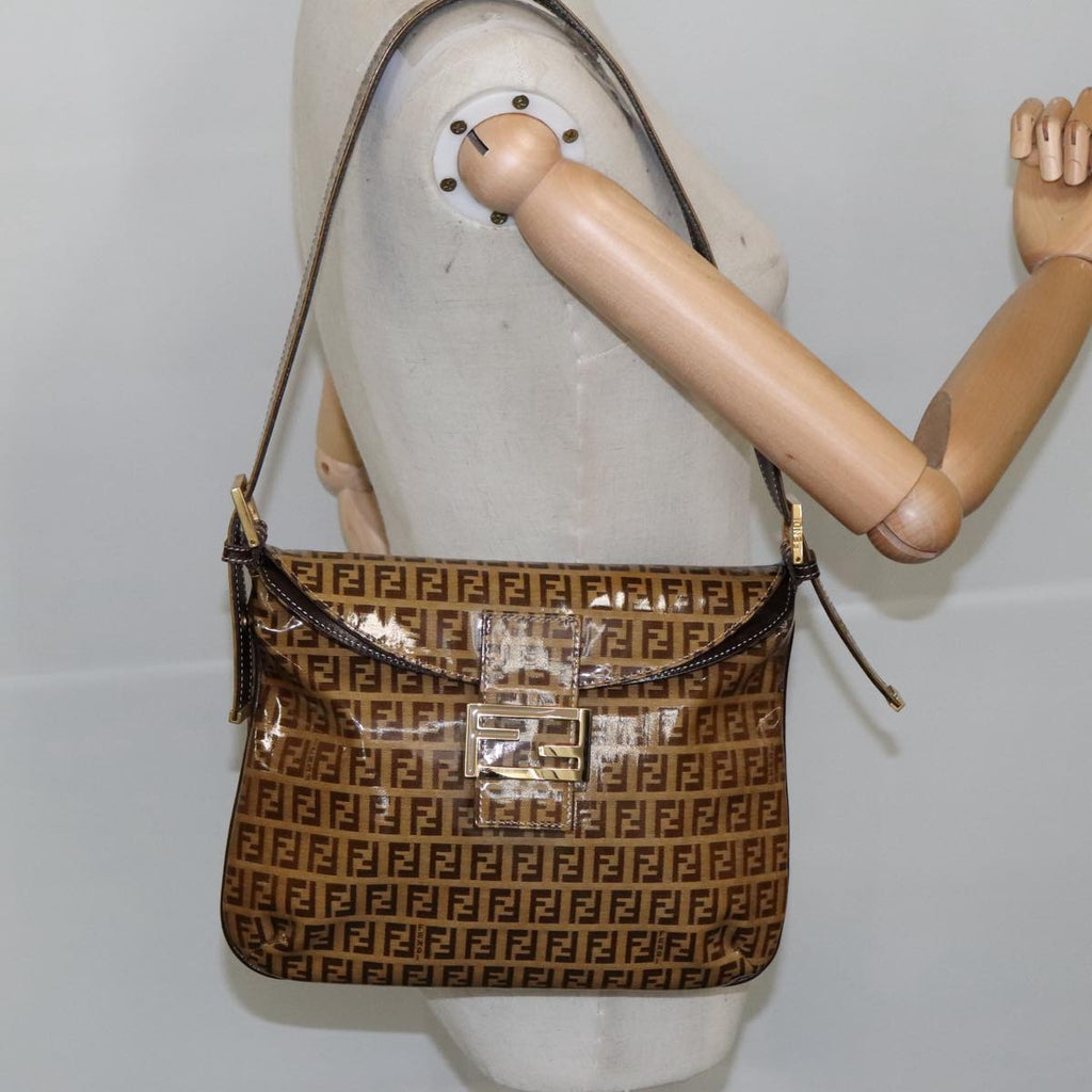 FENDI Zucchino Canvas Mamma Baguette Shoulder Bag Enamel Brown Gold 100279