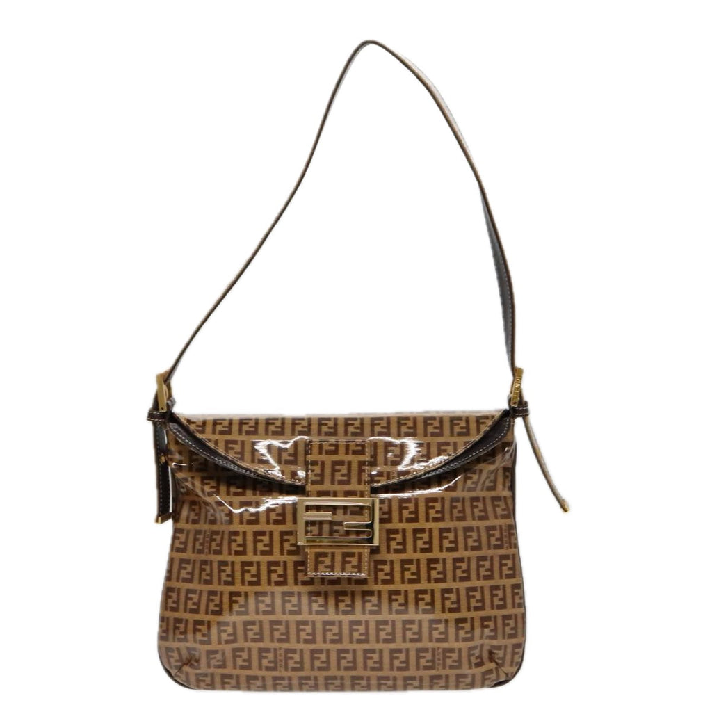 FENDI Zucchino Canvas Mamma Baguette Shoulder Bag Enamel Brown Gold 100279