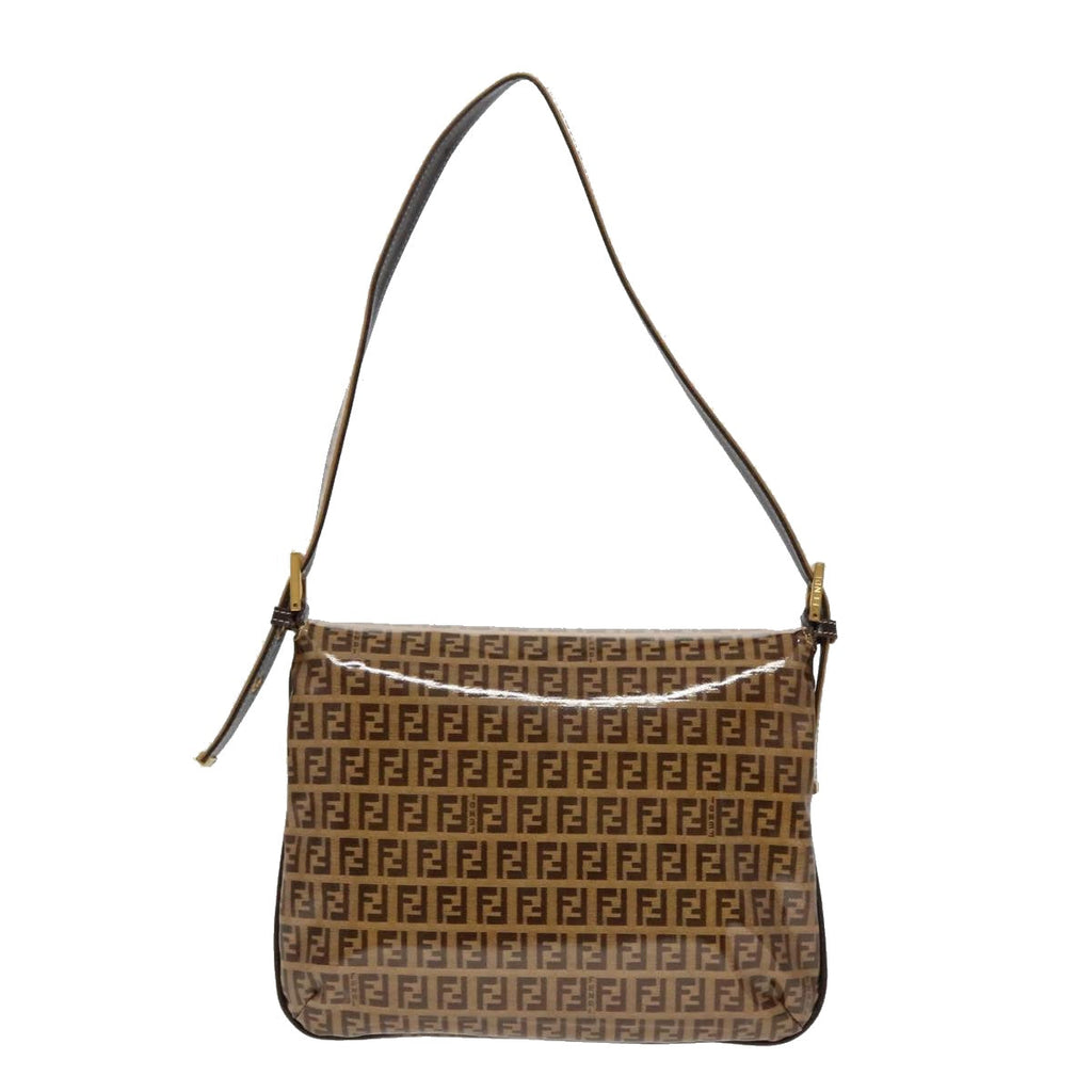 FENDI Zucchino Canvas Mamma Baguette Shoulder Bag Enamel Brown Gold 100279