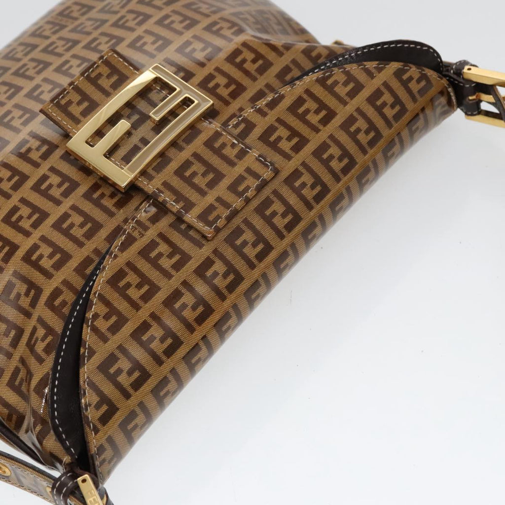 FENDI Zucchino Canvas Mamma Baguette Shoulder Bag Enamel Brown Gold 100279