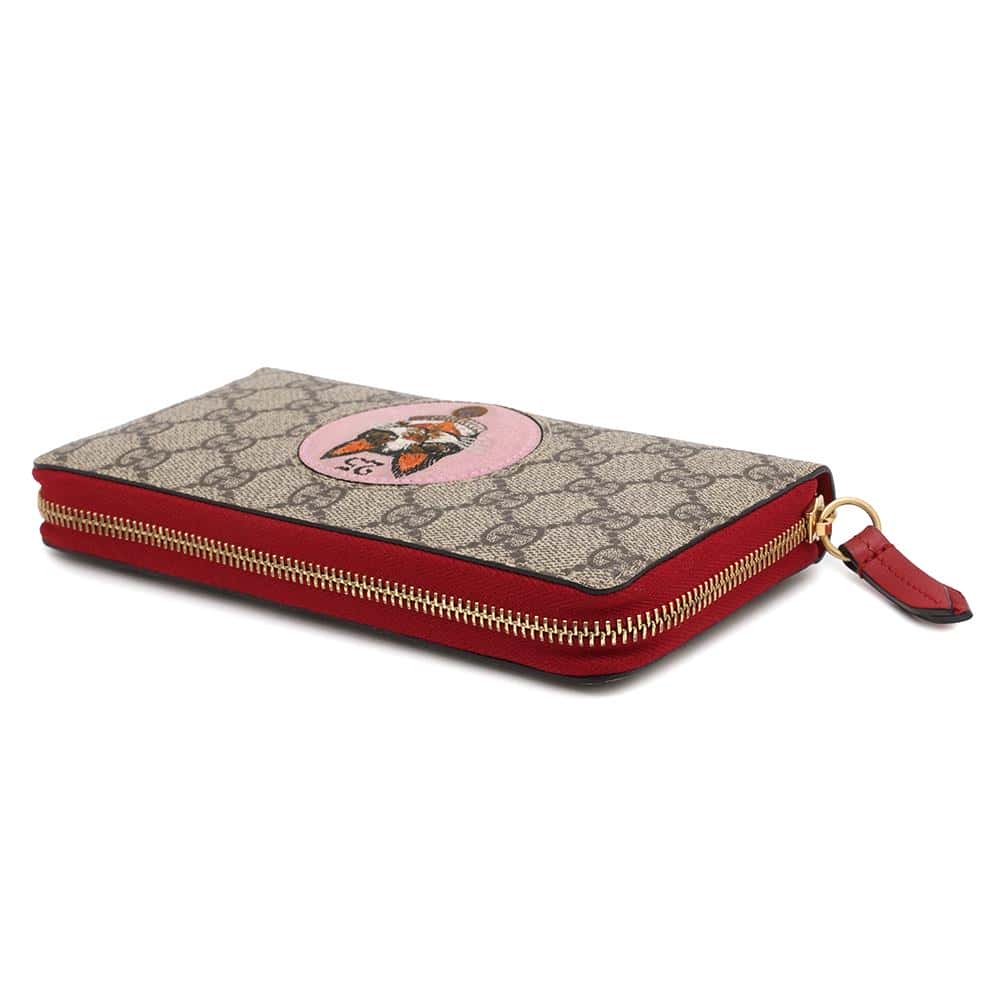 GUCCI GG Supreme Cat Round Zip Long Wallet Beige/Red506279 GG SupremeCanvas/Leather