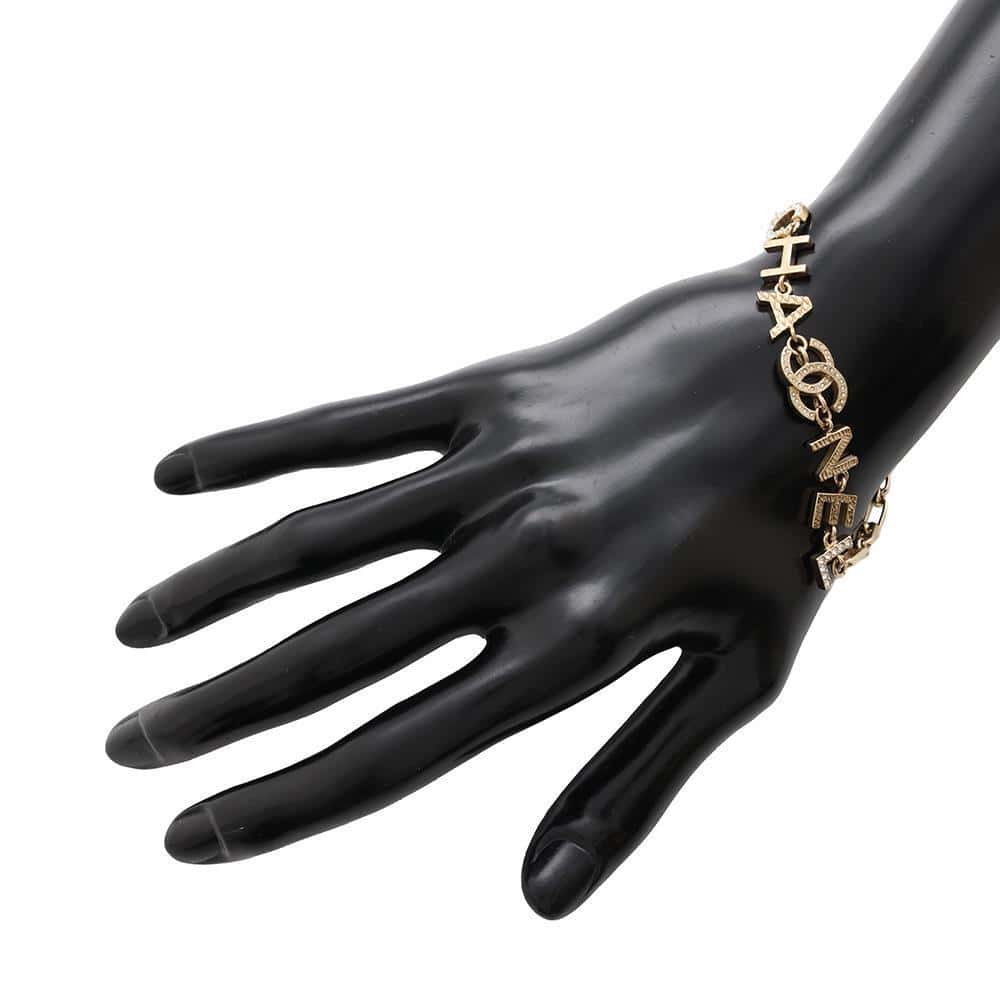 CHANEL Logo Rhinestone Chain Bracelet GoldAB7492 Metal