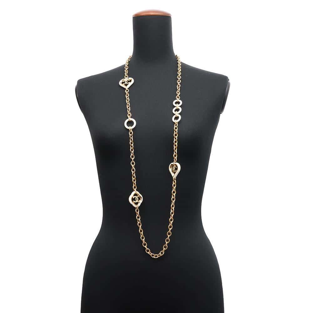 CHANEL CC Logo Heart Motif Chain Long Necklace White/Gold Metal Lacquer