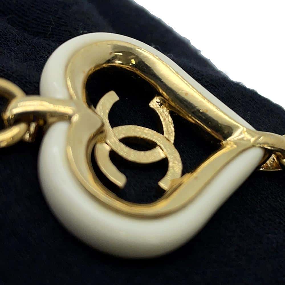 CHANEL CC Logo Heart Motif Chain Long Necklace White/Gold Metal Lacquer