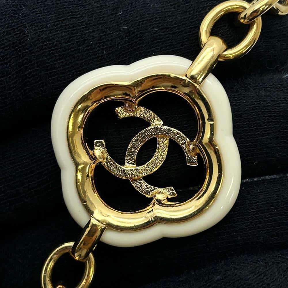 CHANEL CC Logo Heart Motif Chain Long Necklace White/Gold Metal Lacquer