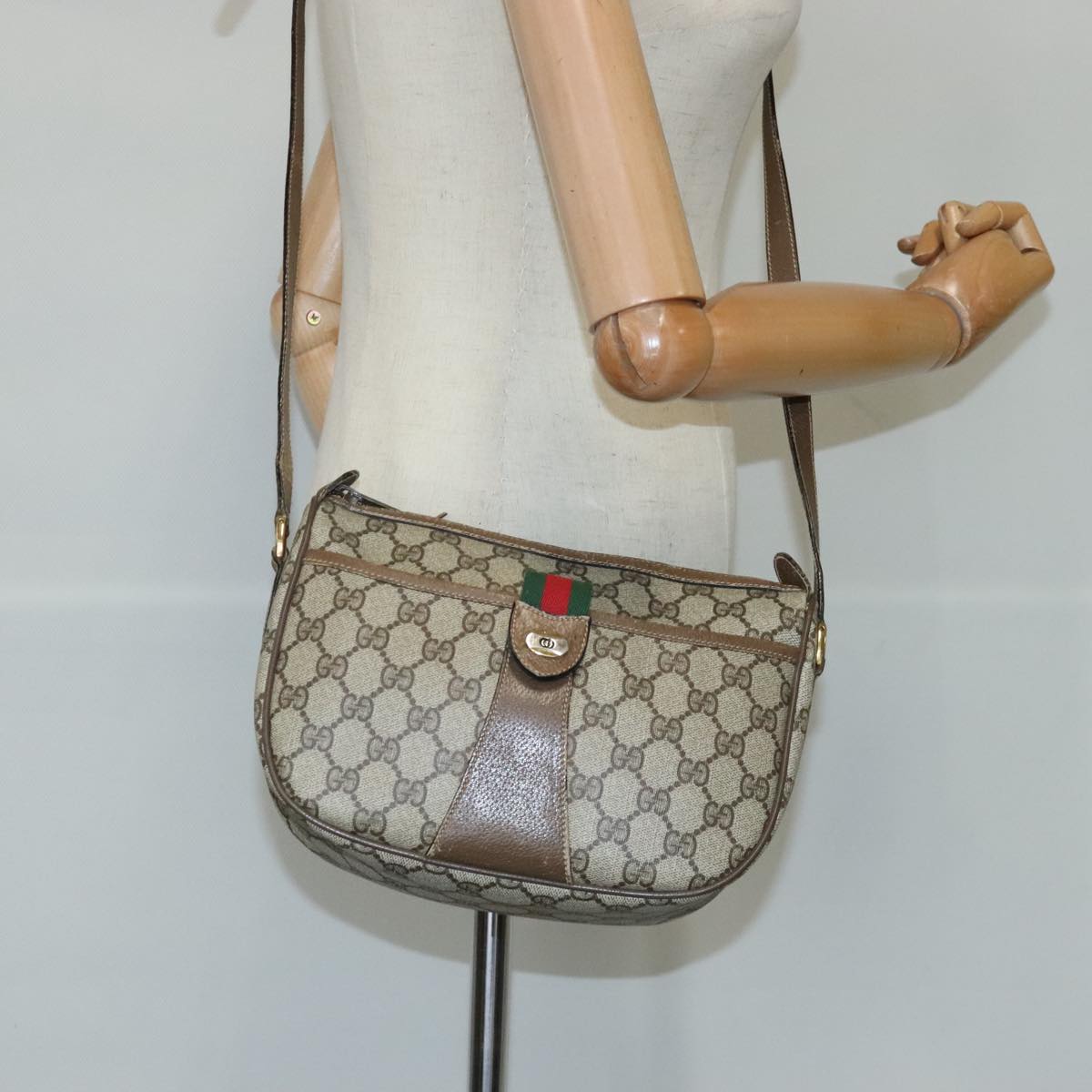 GUCCI GG Supreme Web Sherry Line Shoulder Bag PVC Beige Gold 100314