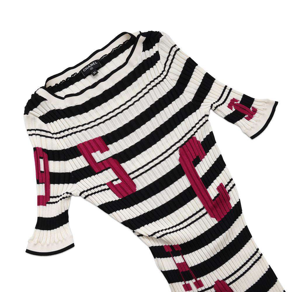 CHANEL Knit dress Size 36 White/BlackP60636 Silk84% Elastine16%