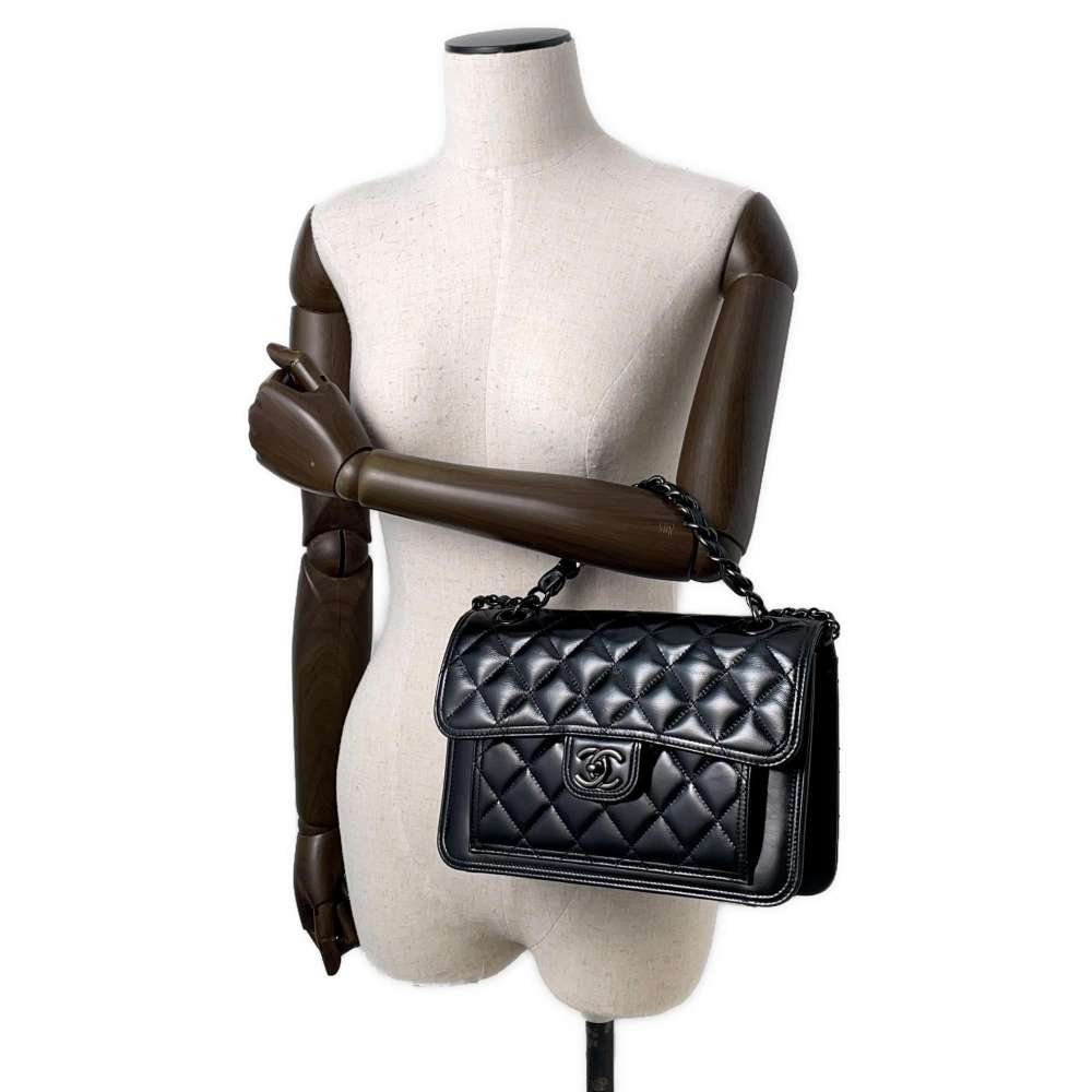 CHANEL Matelasse Flap Bag BlackAS4051 Shiny Calf Leather Size 27