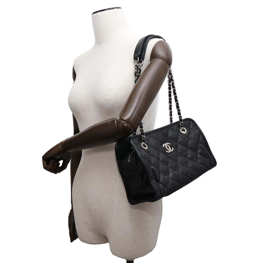 CHANEL French Riviera Chain Tote Black Caviar Leather