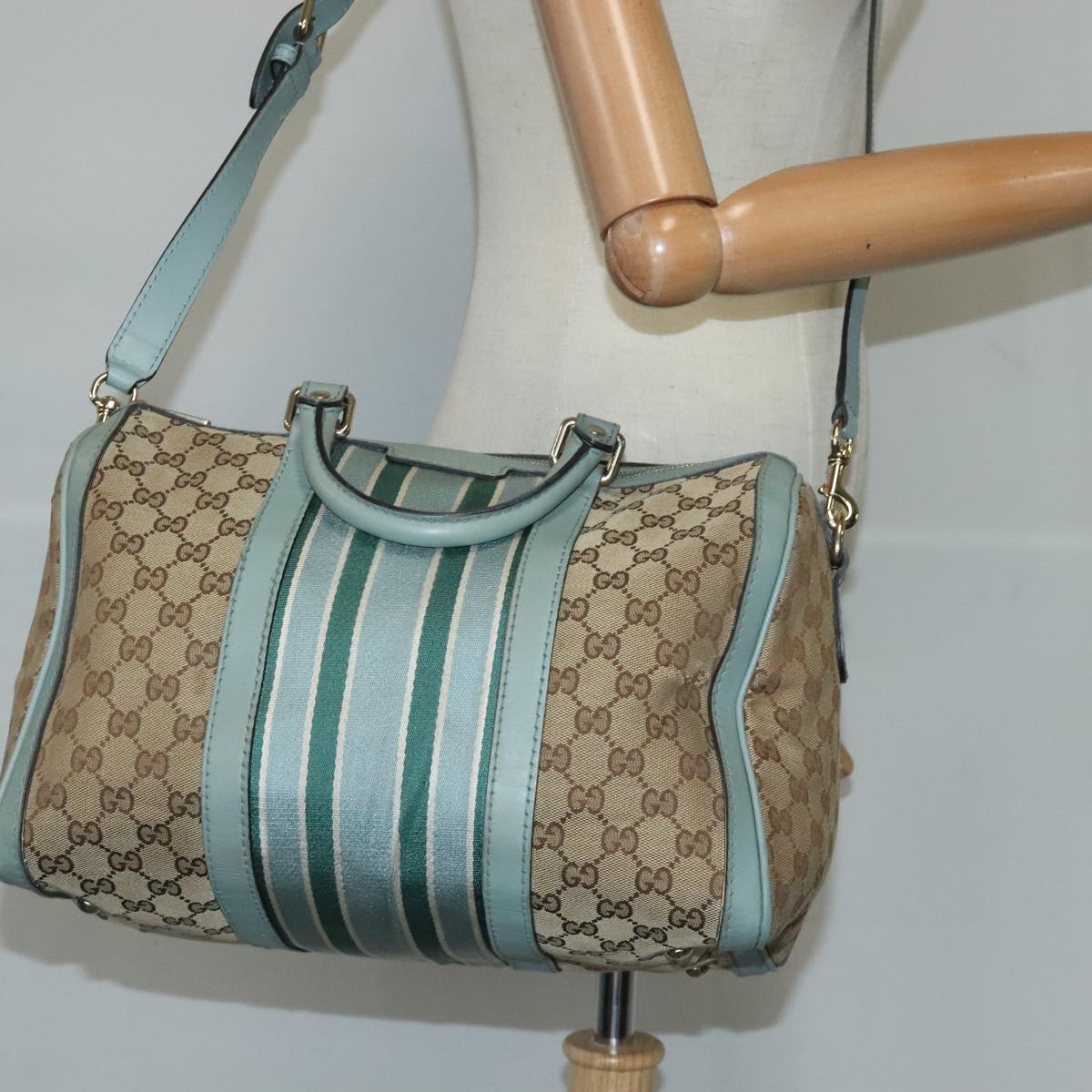 GUCCI GG Canvas Boston Bag 2way Beige Peppermint Silver 247205 100379
