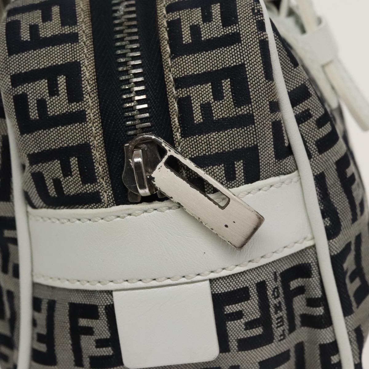 FENDI Zucchino Canvas Hand Bag Navy Silver 100682