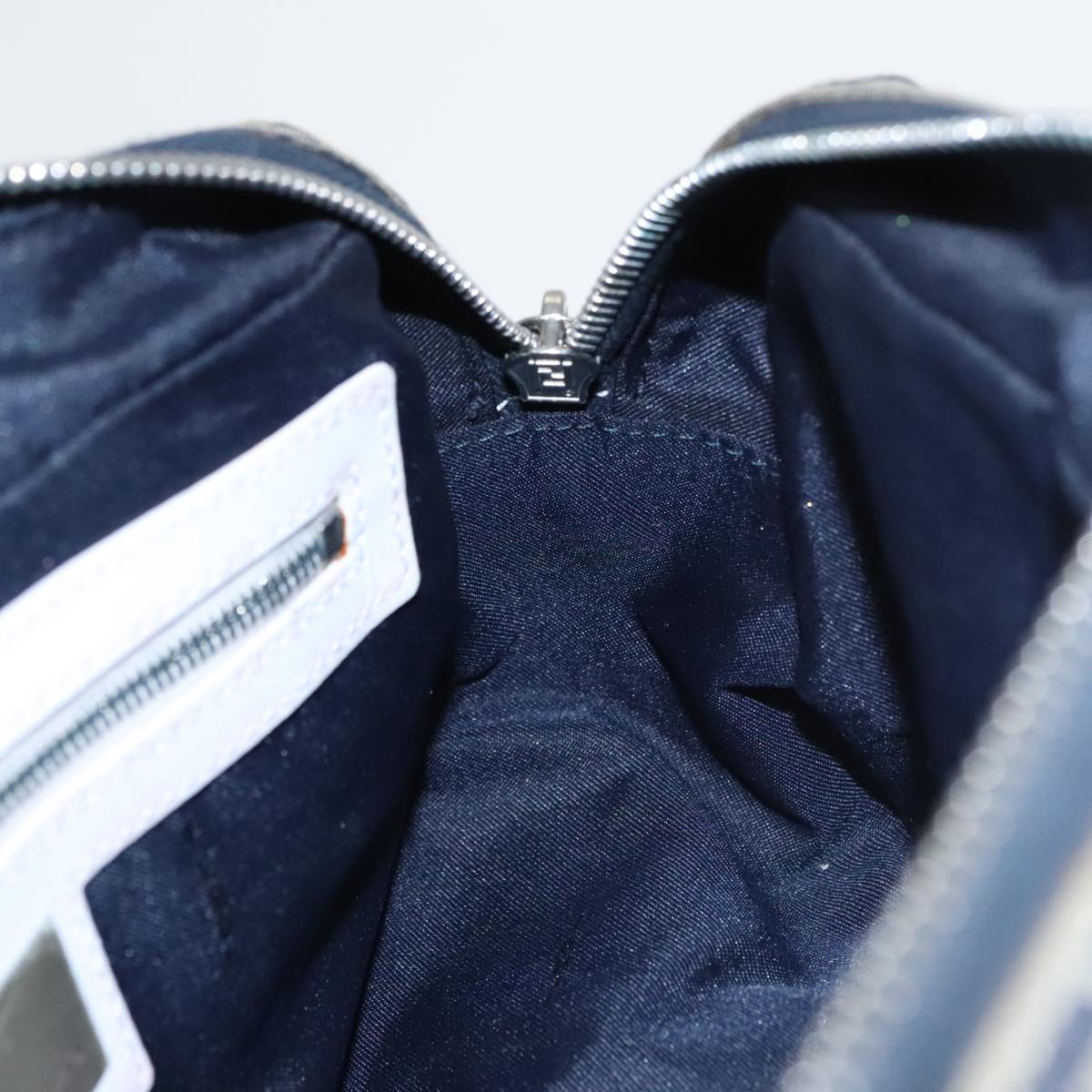FENDI Zucchino Canvas Hand Bag Navy Silver 100682