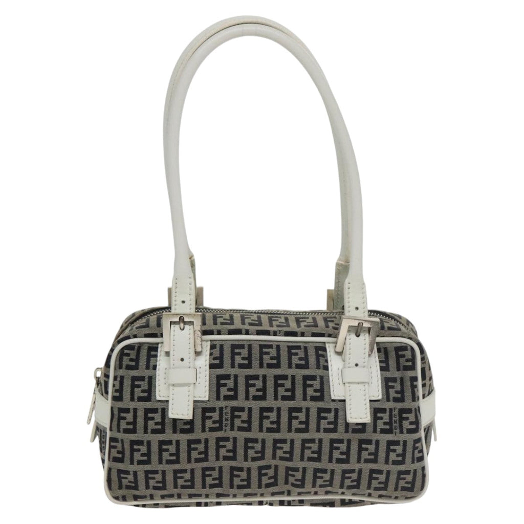 FENDI Zucchino Canvas Hand Bag Navy Silver 100682