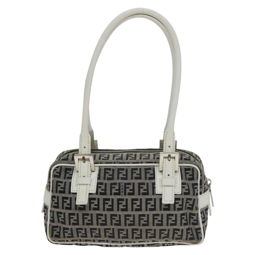 FENDI Zucchino Canvas Hand Bag Navy Silver 100682