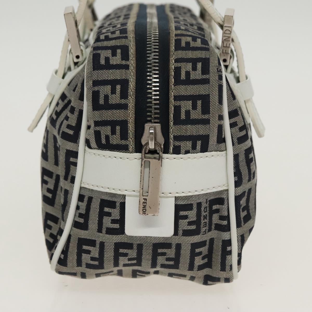 FENDI Zucchino Canvas Hand Bag Navy Silver 100682