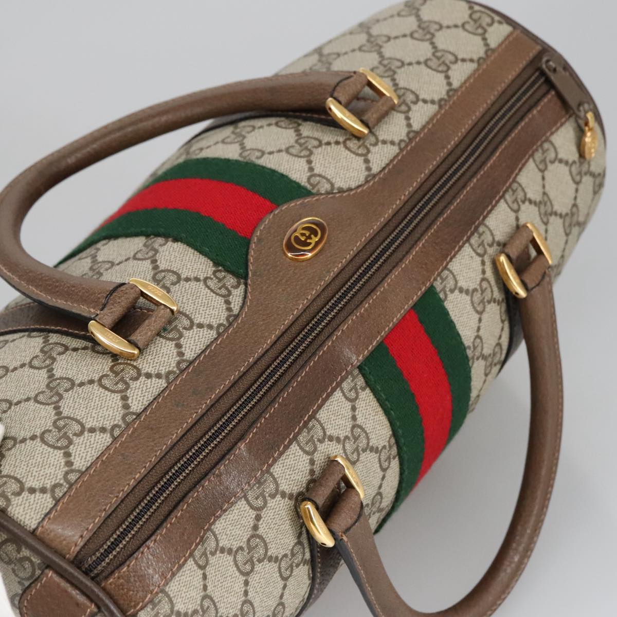 GUCCI GG Supreme Web Sherry Line Hand Bag PVC Leather Beige Gold 100683