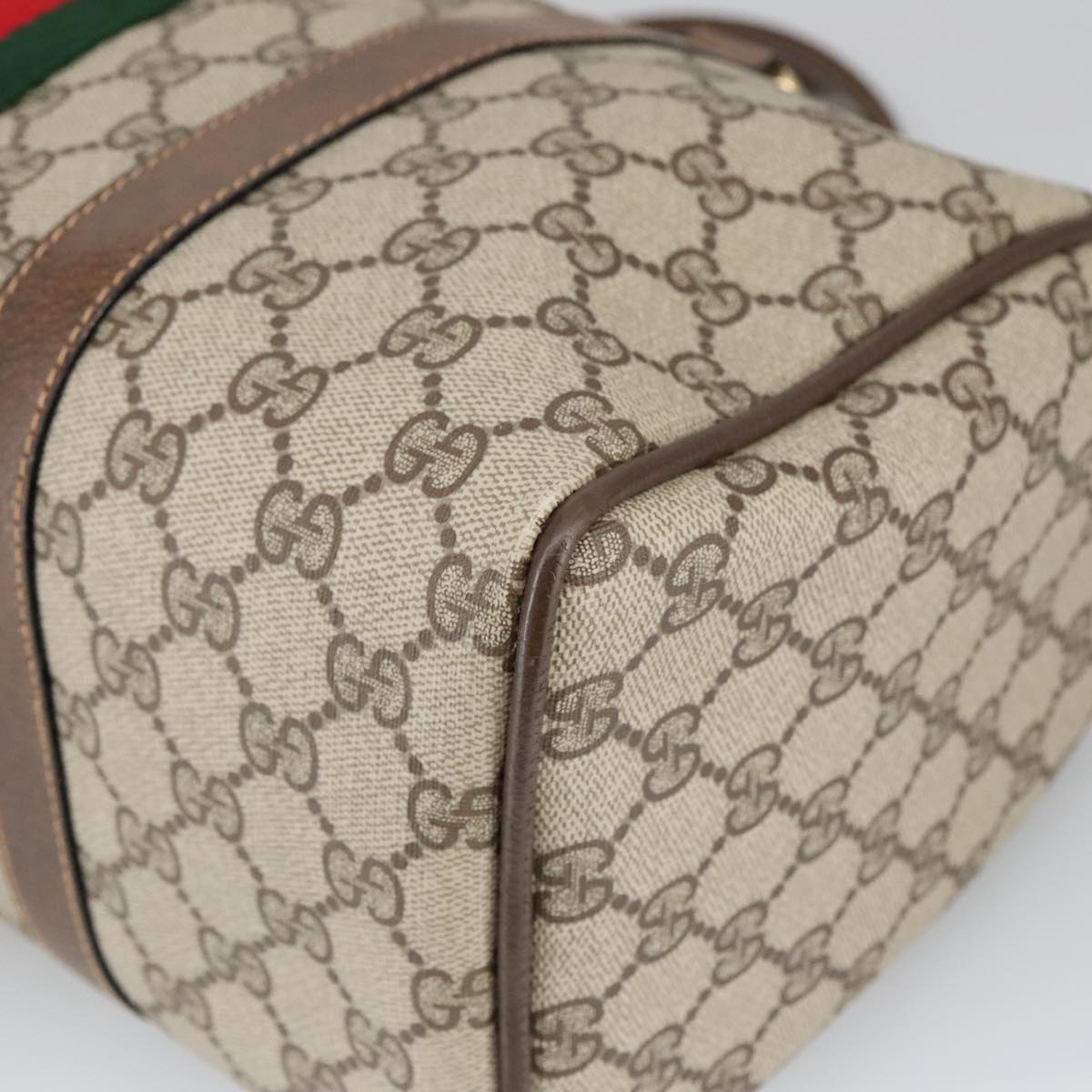 GUCCI GG Supreme Web Sherry Line Hand Bag PVC Leather Beige Gold 100687