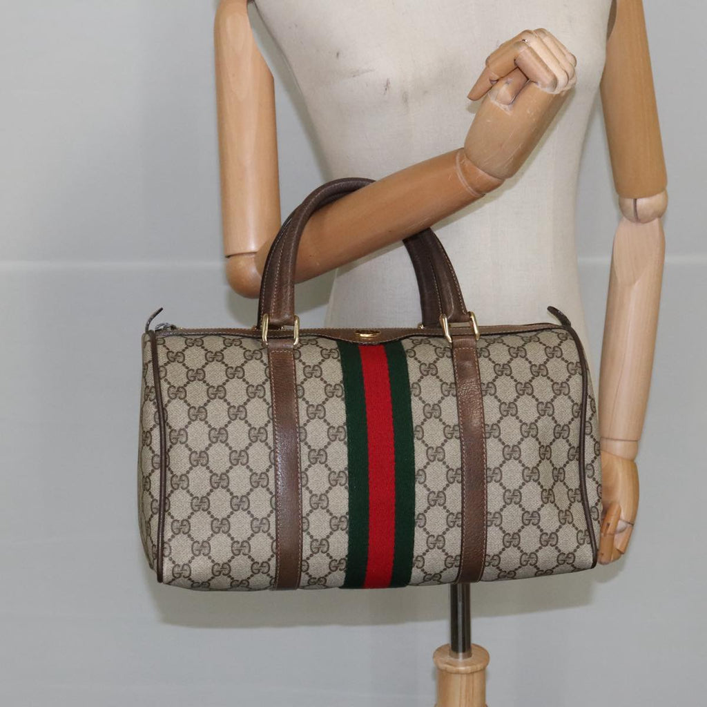 GUCCI GG Supreme Web Sherry Line Hand Bag PVC Leather Beige Gold 100687