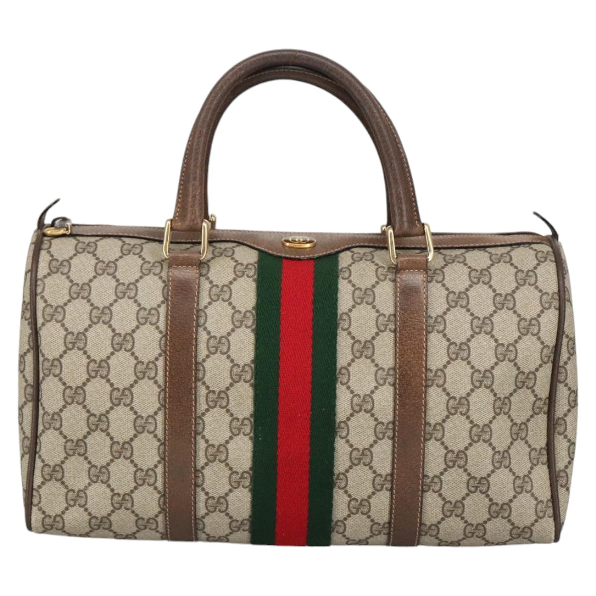 GUCCI GG Supreme Web Sherry Line Hand Bag PVC Leather Beige Gold 100687