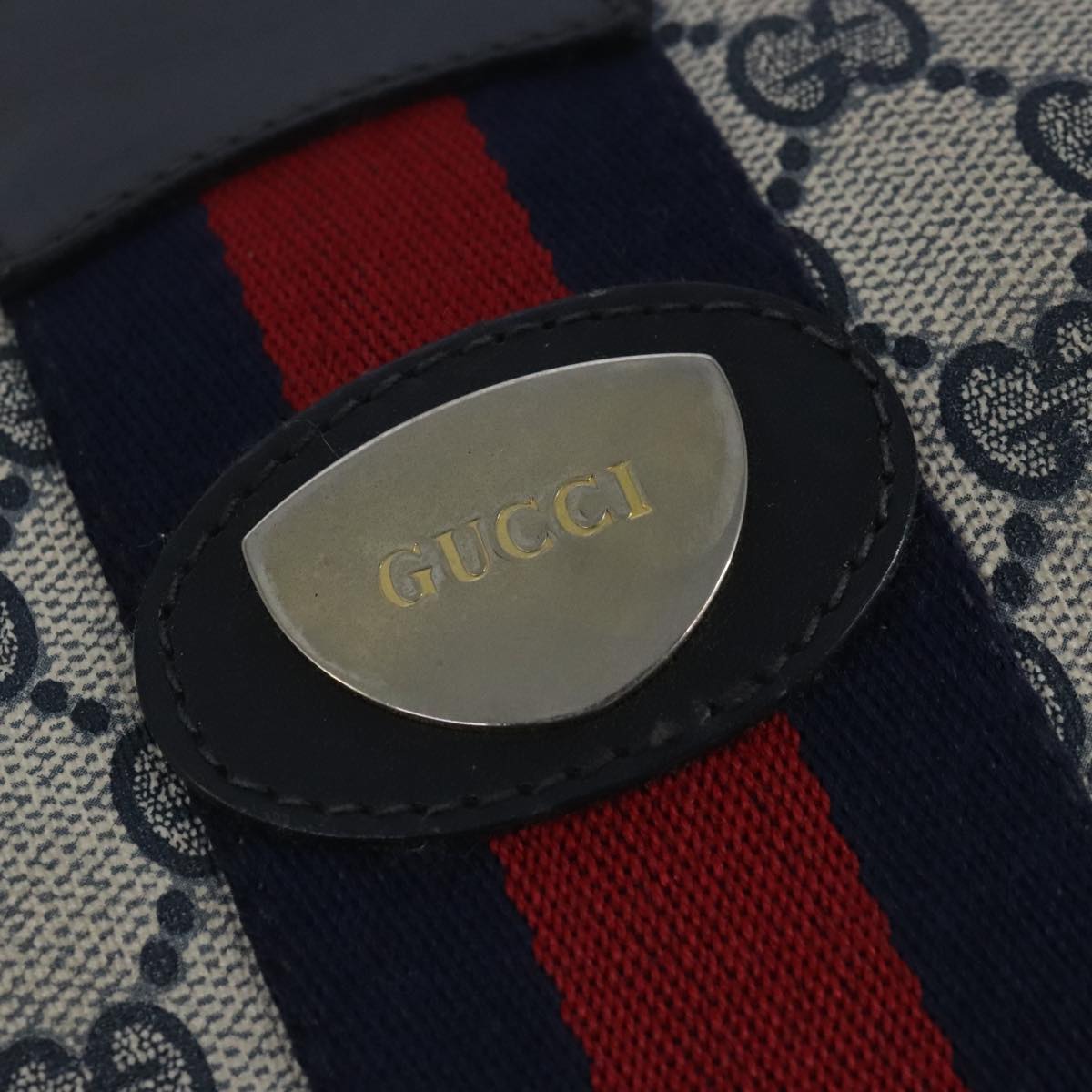 GUCCI GG Supreme Web Sherry Line Shoulder Bag PVC Leather Navy Gold 100690