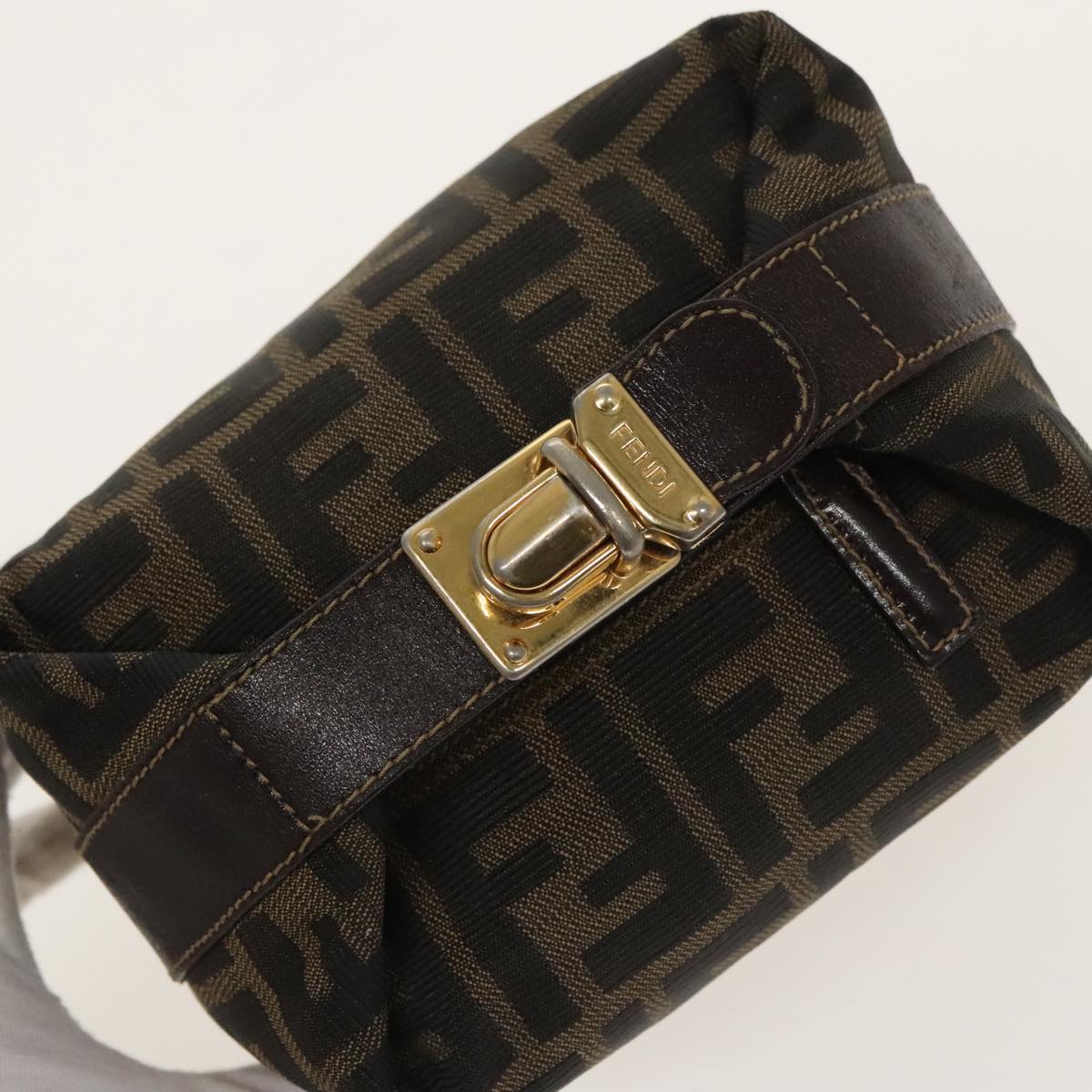 FENDI Zucca Canvas Vanity Pouch Brown Black gold 100694