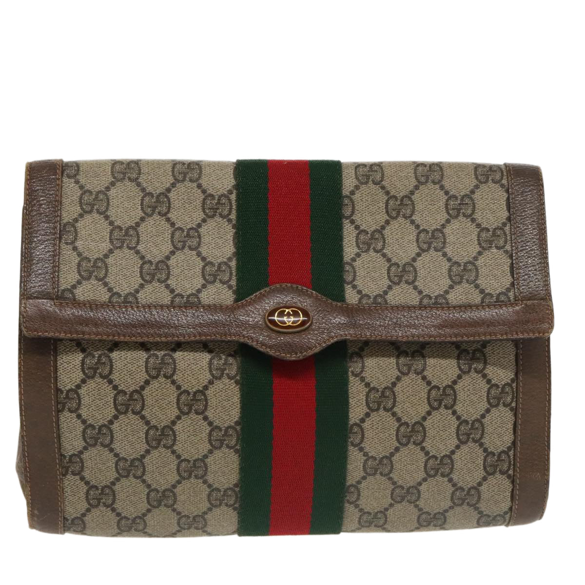 GUCCI GG Supreme Web Sherry Line Clutch Bag PVC Beige Red Green 100712