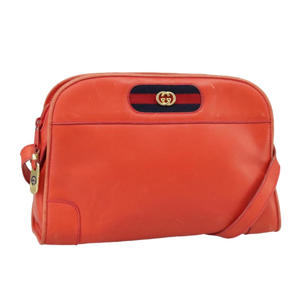 GUCCI Sherry Line Shoulder Bag Leather Orange Navy Red 100717