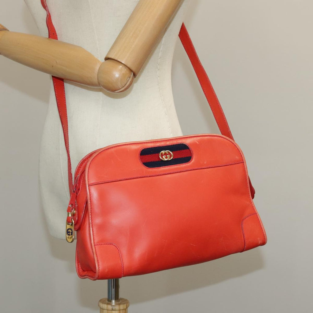 GUCCI Sherry Line Shoulder Bag Leather Orange Navy Red 100717