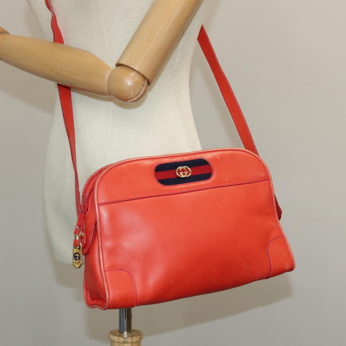 GUCCI Sherry Line Shoulder Bag Leather Orange Navy Red 100717
