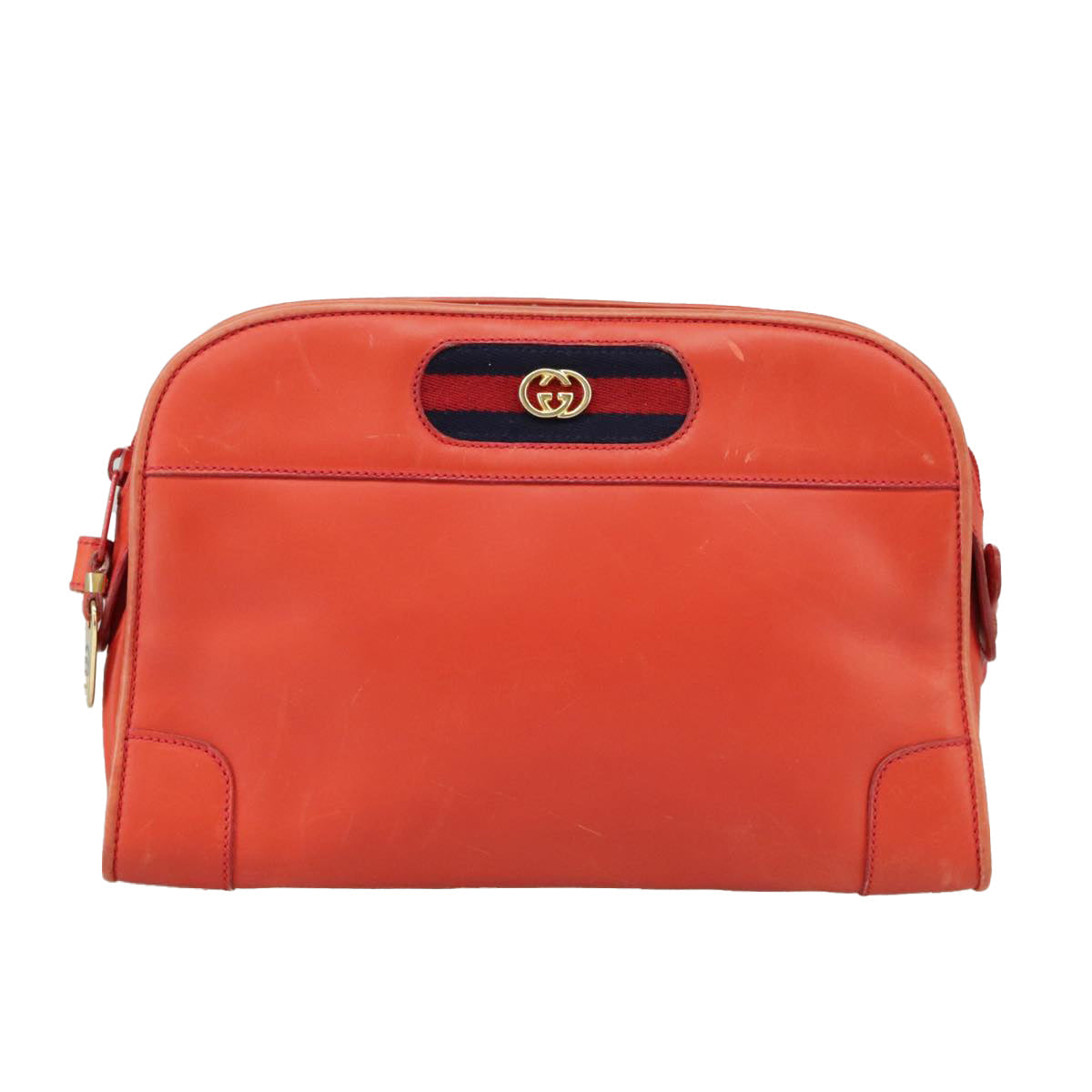 GUCCI Sherry Line Shoulder Bag Leather Orange Navy Red 100717