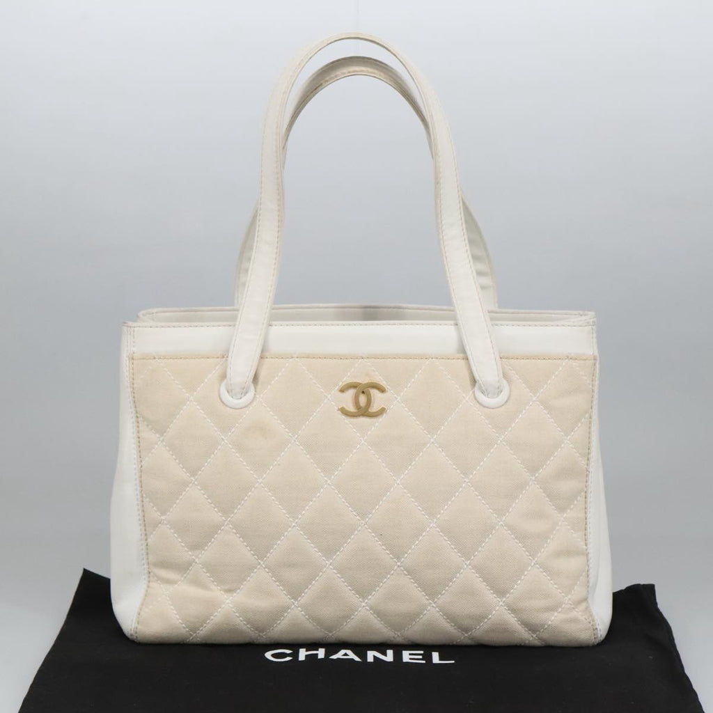 CHANEL Tote Bag Canvas Gold White CC 100722