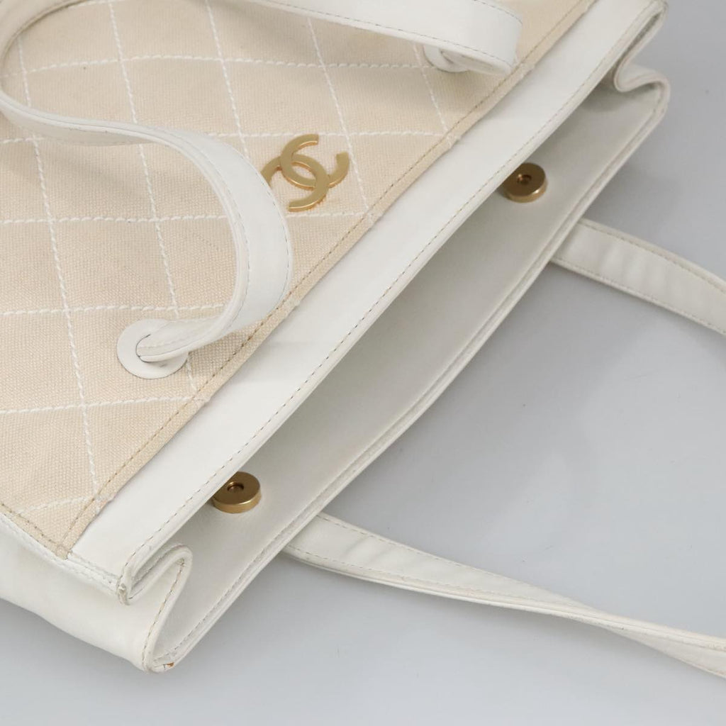 CHANEL Tote Bag Canvas Gold White CC 100722