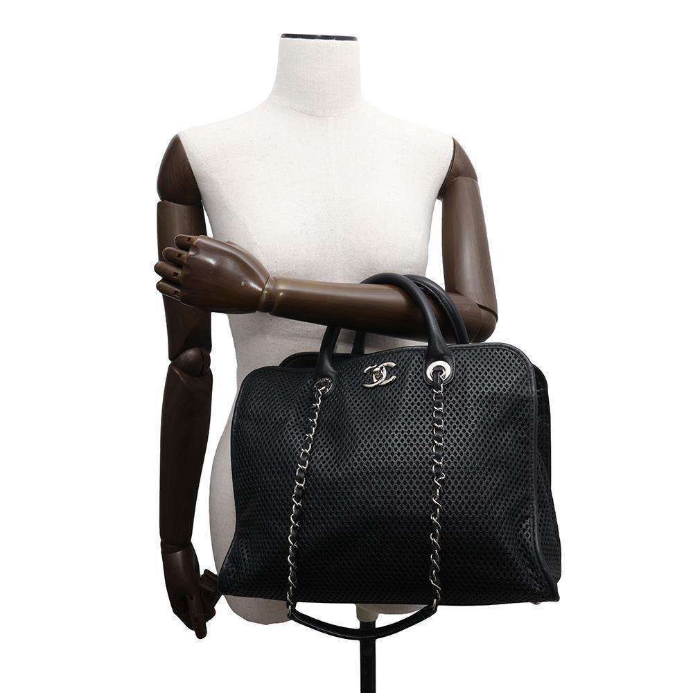 CHANEL French Viera Punching Chain Shoulder Black Leather