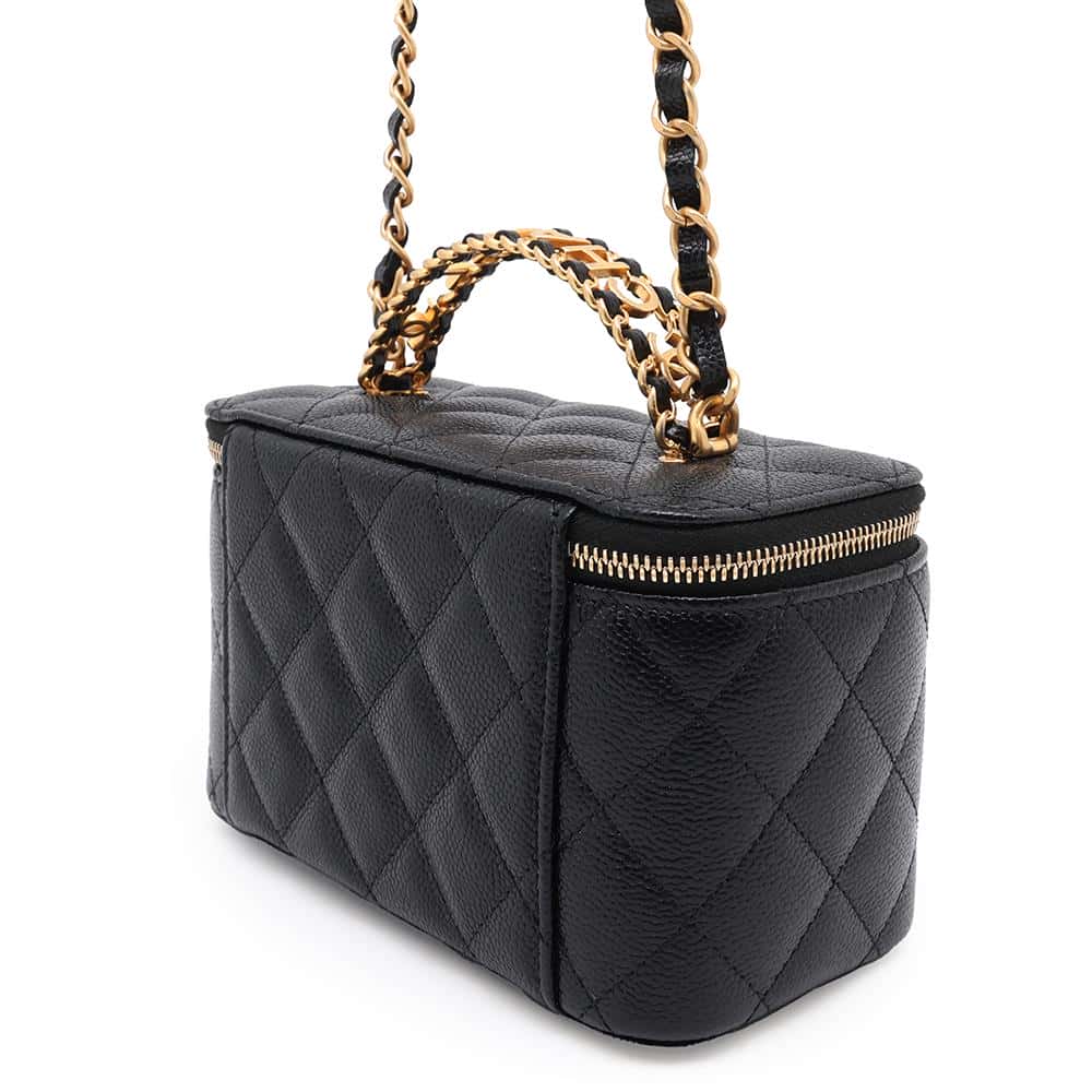 CHANEL Chain logo handle vanity bag Black Caviar Leather