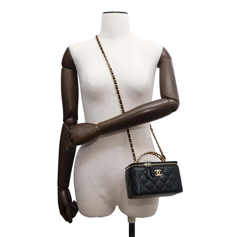 CHANEL Chain logo handle vanity bag Black Caviar Leather