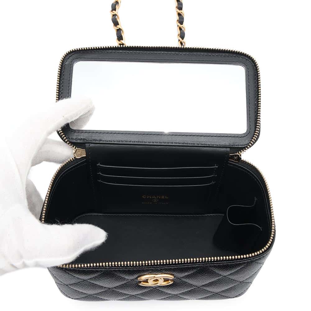 CHANEL Chain logo handle vanity bag Black Caviar Leather